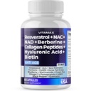 Resveratrol NAD+ Berberine Hyaluronic Asit - Biotin Grape & Blueberry + NAC - Collagen Peptides - Saç, Nail, Skin & Ortak Supplement - 21-in-1 Women and Men - Made in USA (60 Count)
