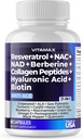 Resveratrol NAD+ Berberine Hyaluronic Asit - Biotin Grape & Blueberry + NAC - Collagen Peptides - Saç, Nail, Skin & Ortak Supplement - 21-in-1 Women and Men - Made in USA (60 Count)