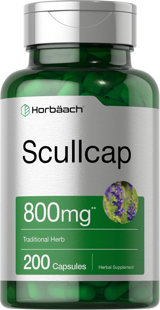 Horbäach Scullcap Capsules | 800 mg | 200 Kont | Max Potency, Value Dimension | Non-GMO ve Gluten Free Supplement | Scutella Baicalensis