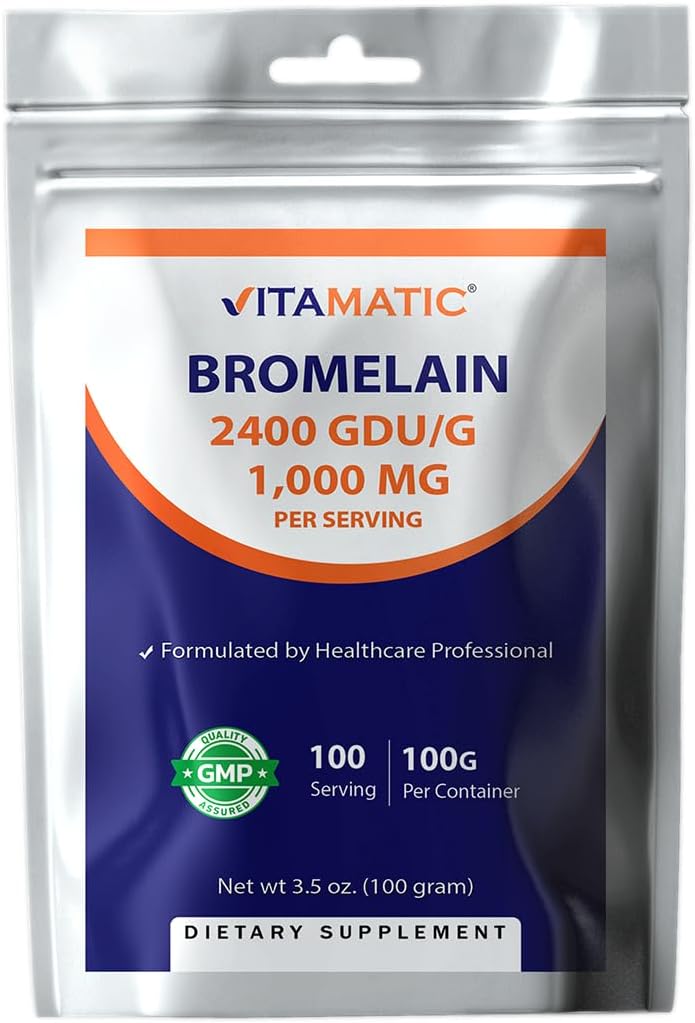 Vitamatic Bromelain Toz 1000 mg hizmet başına - 2400 GDU/g, Proteolytic Enzymes, Proteinlerin Digestion of Proteins, 100 Grams - 100 Hizmet (Scoop dahil)