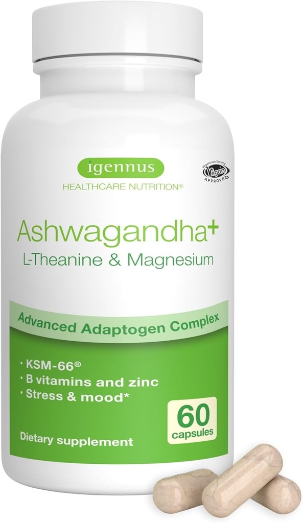 Igennus High Strength Ashwagandha Stress Relief Complex, L-Theanine & Magnezyum & KSM-66 Kök Adaptogens, Metilated B Vitamins, Calm & Sleep Support, Clean Label, 60 Hızlı Kodlama Capsules