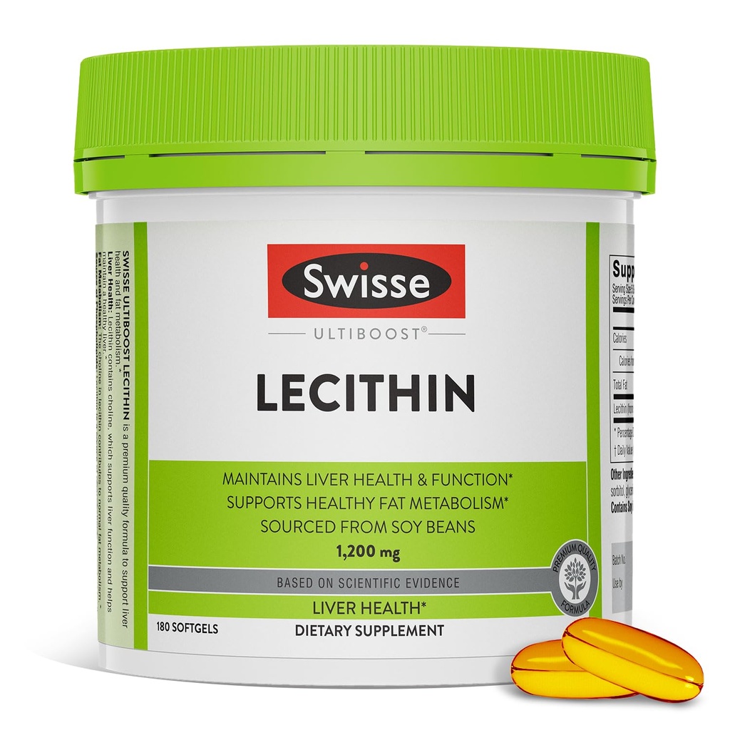 Swisse Soy Lecithin 1200 mg Softgels Capsules | Liver Health and Function * | Destekler Fat Metabolism * | Choline Lecithin Supplement 1200 mg | 180 Softgels Capsules