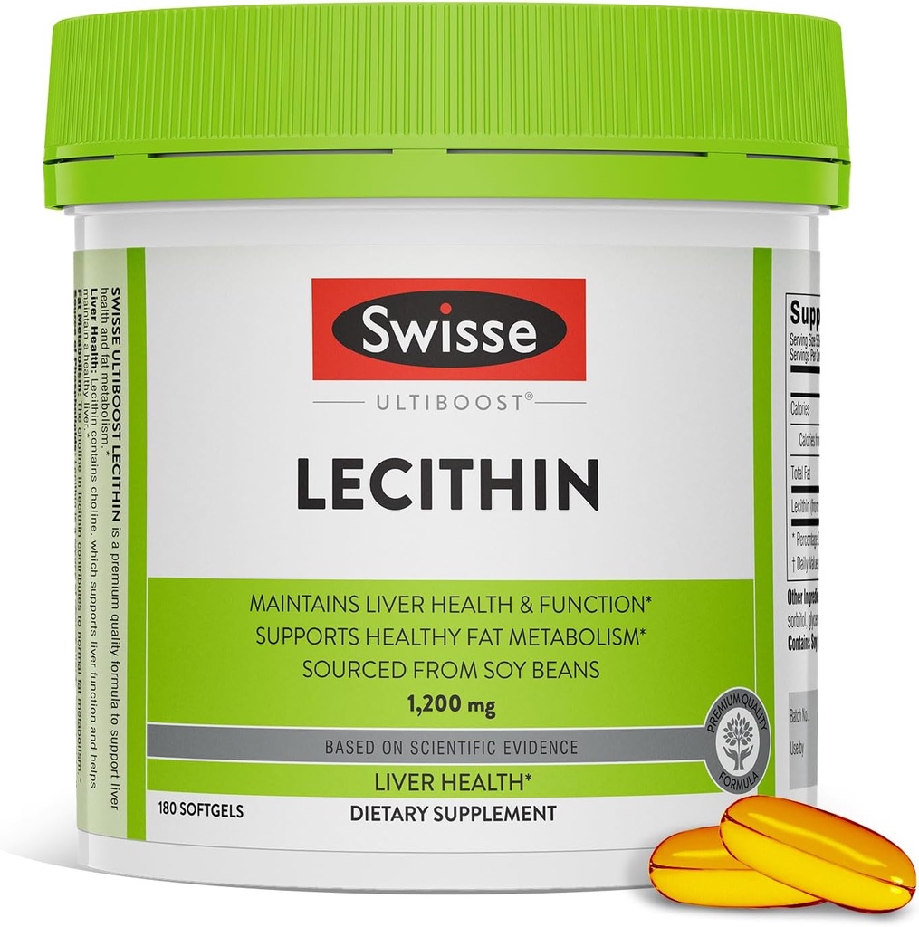 Swisse Soy Lecithin 1200 mg Softgels Capsules | Liver Health and Function * | Destekler Fat Metabolism * | Choline Lecithin Supplement 1200 mg | 180 Softgels Capsules