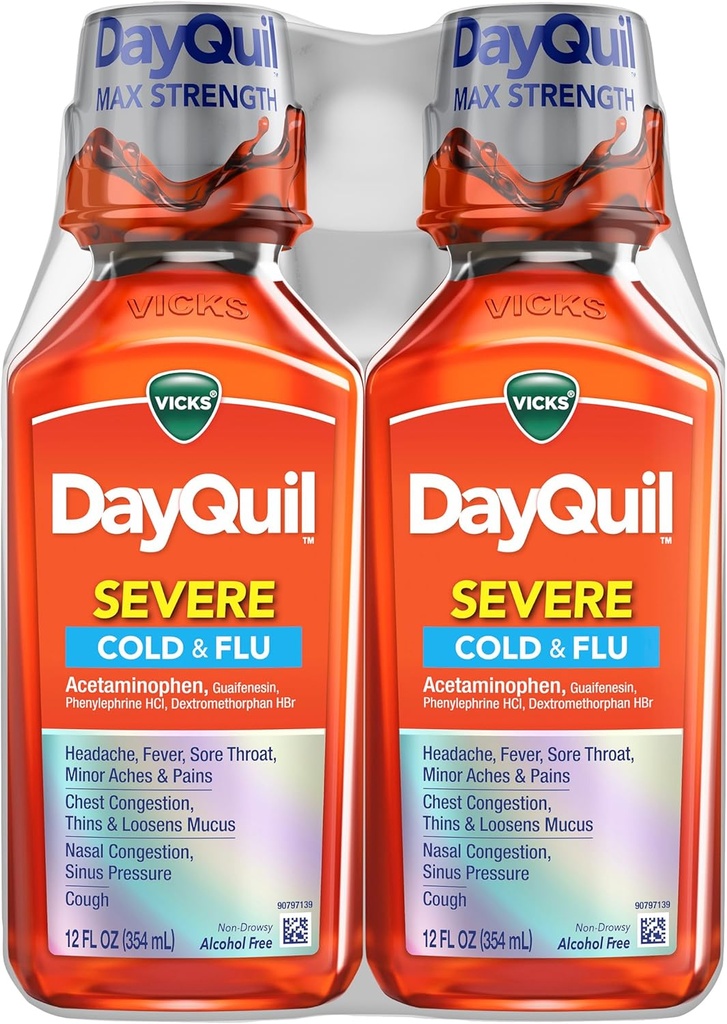 Vicks DayQuil Σοβαρή Ψυχρή & Γρίπη Υγρή Ιατρική, Μέρα Ανακούφιση για Πονοκέφαλο, Πυρετός, Πονηρός Λαρύγγι, Ανιχνευτές & Πόνοι, Θωρακική Συμφόρηση, Στομαχική μύτη, Ρινική Συμφόρηση, Πίεση του κόλπου, & Βήχας, 2x12oz