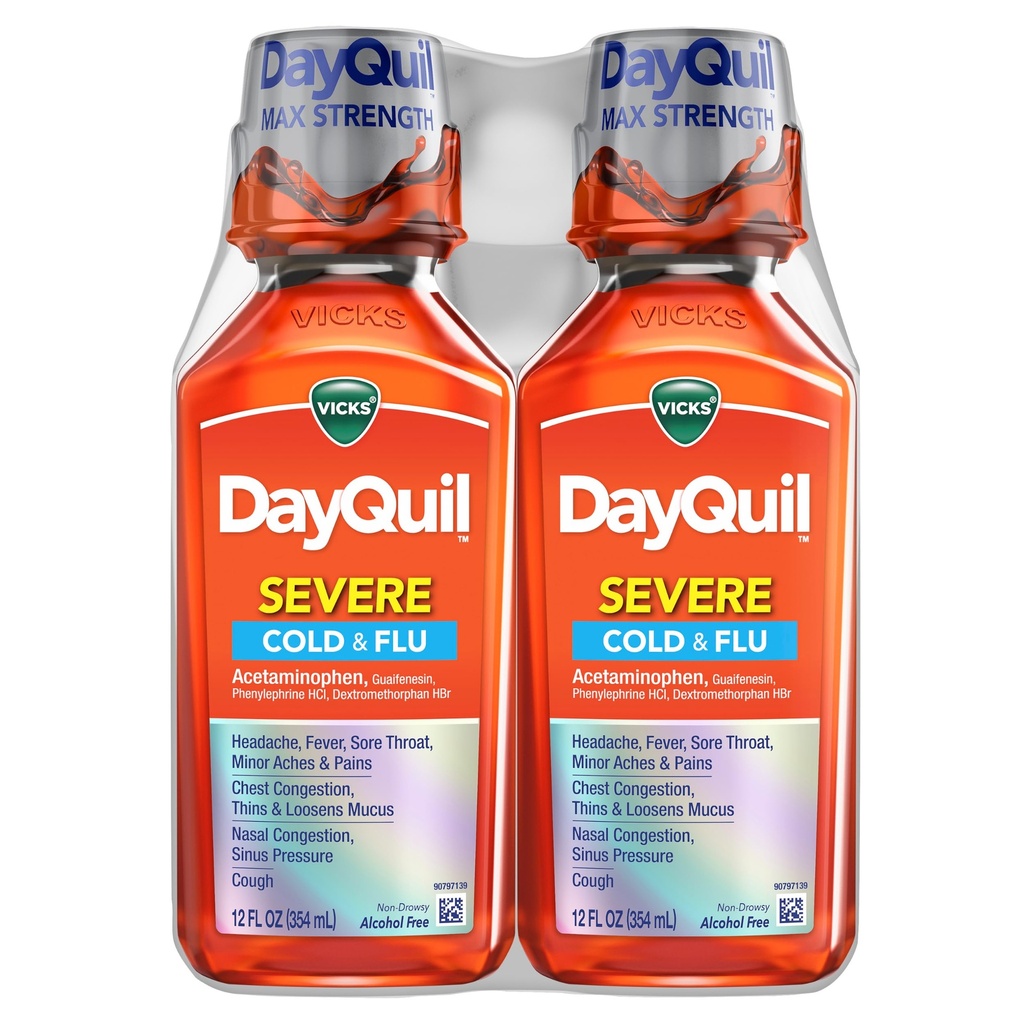 Vicks DayQuil Severe Cold & Flu Liquid Medicine, Daytime Relief for Headache, Fever, Sore Throat, Minor Aches & Pains, Chest Congestion, Thingsy Nose, Nasal Congestion, Sinus Baskı ve Cough, 2x12oz