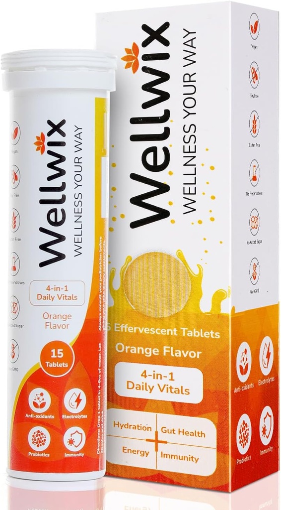 4-σε-1 Daily Vitals for Wellness - Ηλεκτρολύτες, Ανοσία, Αντιοξειδωτικά και Προβιοτικά. Βιταμίνη C 1000 mg, Νάτριο 200 mg, Κάλιο 100 mg, Βιταμίνη D3, B12 και Περισσότερα. Αναβράζοντα Tabletισκία