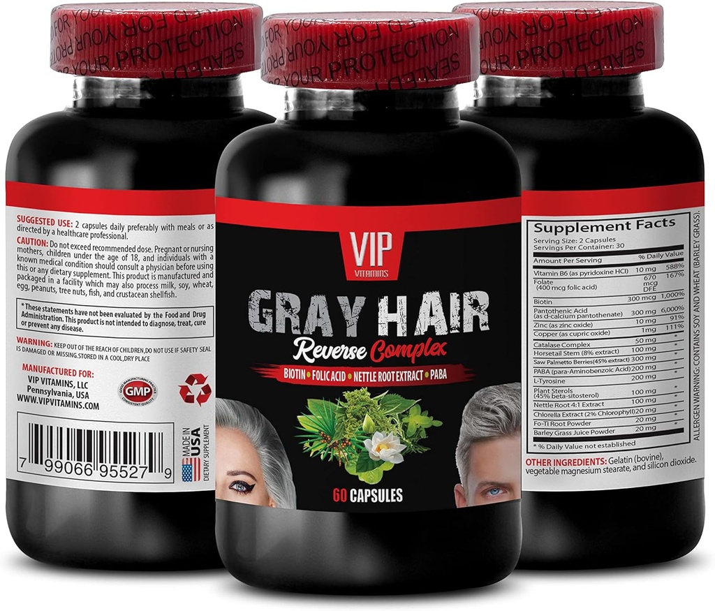 Saw Palmetto Mens Saç - Gray Saç Ters Kompleksi - Doğal Çözüm - Güçlü Sonuçlar, Grey Saç Erkekleri, Biotin Vitaminleri, Paba Supplement, Gray Saç Supplement, 1 Bot 60 Caps