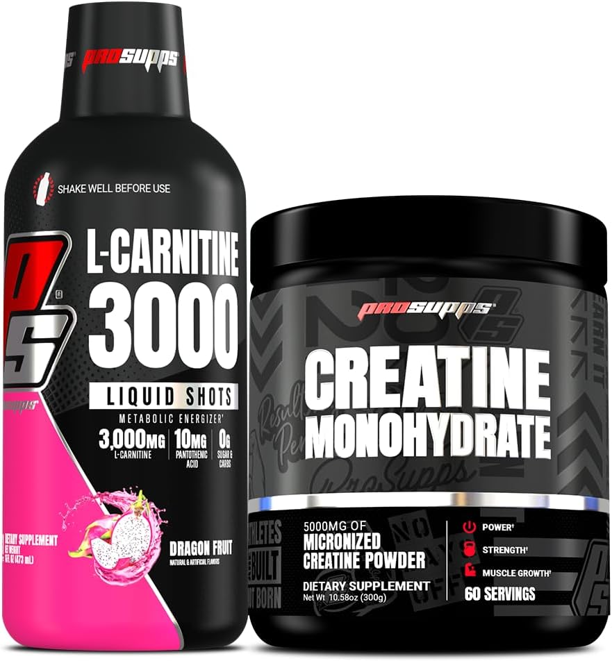 PROSUPPS L-Carnitine 3000 Stimulant Ücretsiz Sıvı Shots (31 Hizmet, Ejderha Meyvesi) ve Kretine 300 Monohidrat (60 Hizmet)