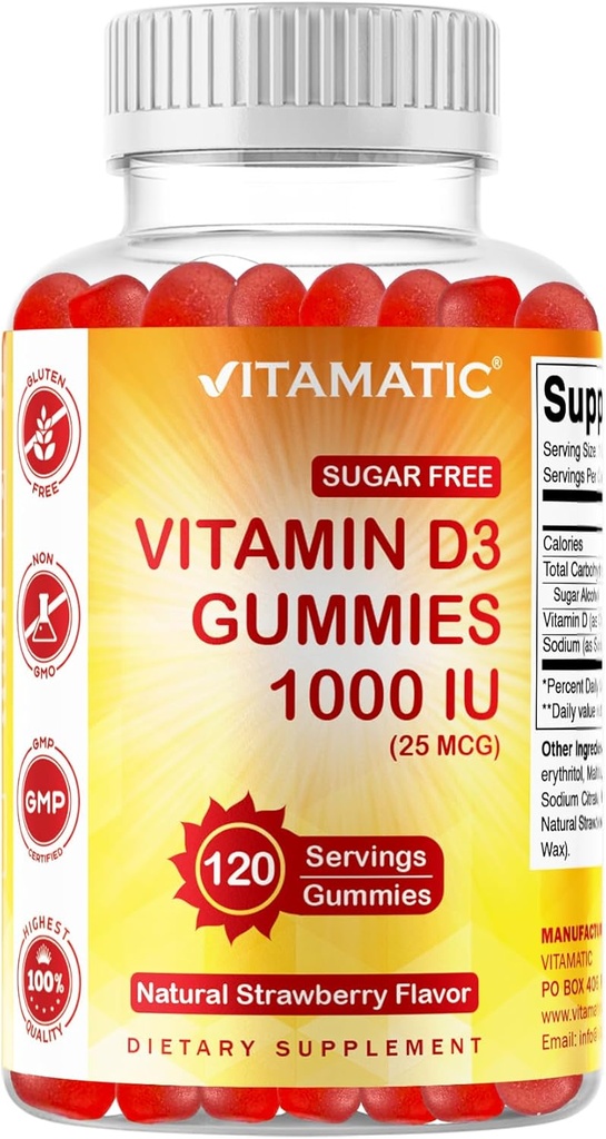 Vitamatic Sugar Free Vitamin D3-120 Pectinive Gummies - Great Taste - Sağlıklı Bones, Mood & Immune System Function - Non-GMO - 120 Hizmet (1000 IU)
