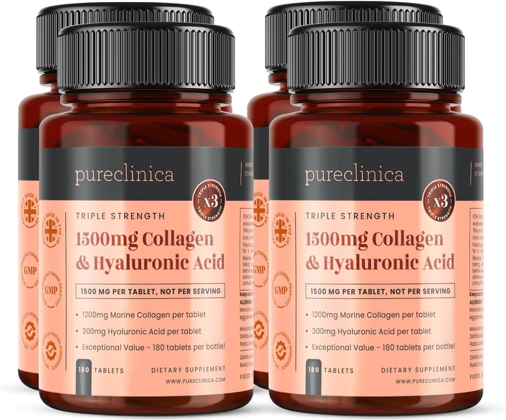 Safclinica Triple Strength Marine Collagen & Hyaluronic Asit - Tablet başına 1500 mg | 720 Tablet (4 180 Şişe) | Cilt, Ortaklar ve Hydrations