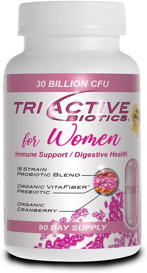 Kadınlar için Temel Kaynak Triaktif Biyotiği - 18 Strains, Organik VitaFiber Prebiyotik & Cranberry Digestive Support, Immune Defense, Urinary, Vaginal Health - 90 Capsules