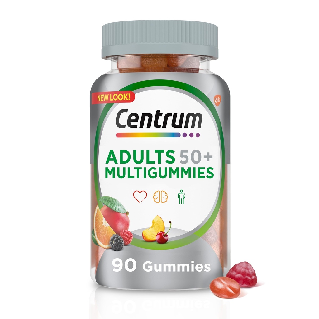 Centrum MultiGummy Gummy Πολυβιταμίνη για Ενήλικες 50 Plus, Πολυβιταμίνη/Πολλαμινικό Συμπλήρωμα με Ασβέστιο, Ψευδάργυρο και Βιταμίνες Β και D, Ποικιλόμορφη Γεύση Φρούτων - 90 Count