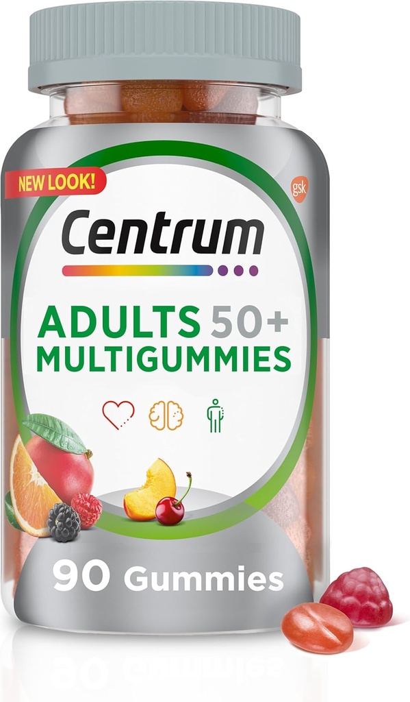 Centrum MultiGummy Gummy Πολυβιταμίνη για Ενήλικες 50 Plus, Πολυβιταμίνη/Πολλαμινικό Συμπλήρωμα με Ασβέστιο, Ψευδάργυρο και Βιταμίνες Β και D, Ποικιλόμορφη Γεύση Φρούτων - 90 Count