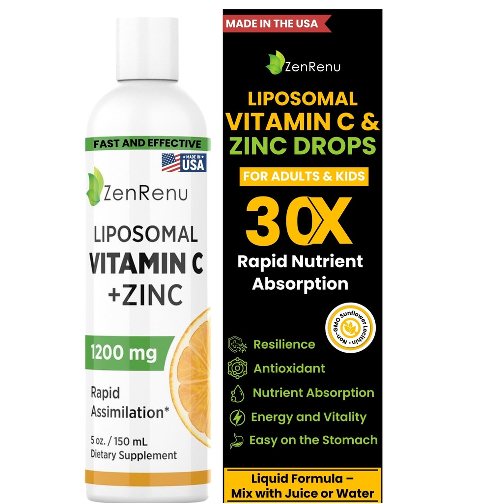 Zenrenu Liposomal Vitamin C και Zinc Υγρό Ποτό για Ενήλικες & Παιδιά - Μη ΓΤΟ Ηλιοτρόπιο Λεκιθίνη - Max Αντιοξειδωτικό & Ανοσοποιητική Υποστήριξη, 5 oz / 150 ml