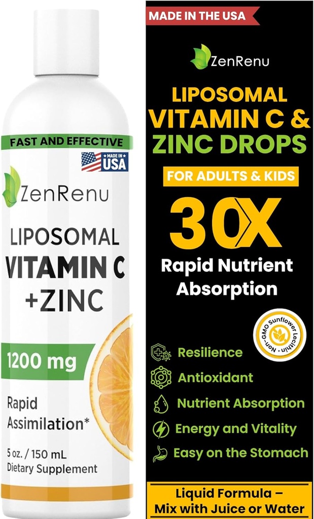 Zenrenu Liposomal Vitamin C και Zinc Υγρό Ποτό για Ενήλικες & Παιδιά - Μη ΓΤΟ Ηλιοτρόπιο Λεκιθίνη - Max Αντιοξειδωτικό & Ανοσοποιητική Υποστήριξη, 5 oz / 150 ml