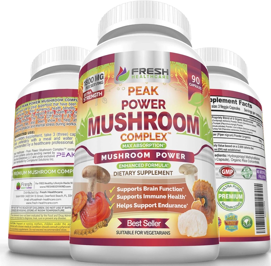 FRESH HEALTHCARE Mushroom Supplement - Lions Mane, Cordyceps, Reishi, Turkey Tail, and Shithake - Immune and Brain Support - Peak Power Mushroom Supplement - 90 Vegan Caps