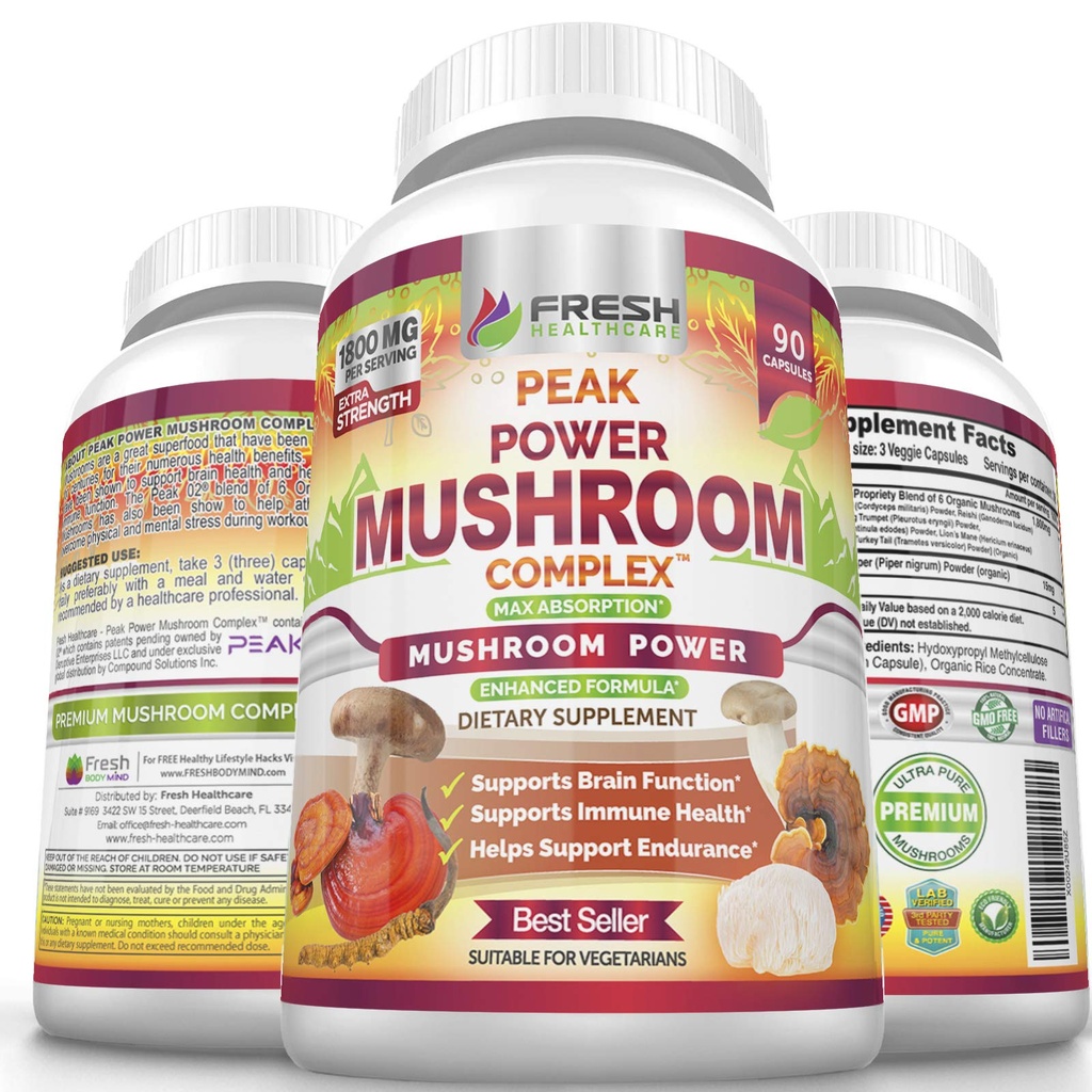 FRESH HEALTHCARE Mushroom Supplement - Lions Mane, Cordyceps, Reishi, Turkey Tail, and Shithake - Immune and Brain Support - Peak Power Mushroom Supplement - 90 Vegan Caps