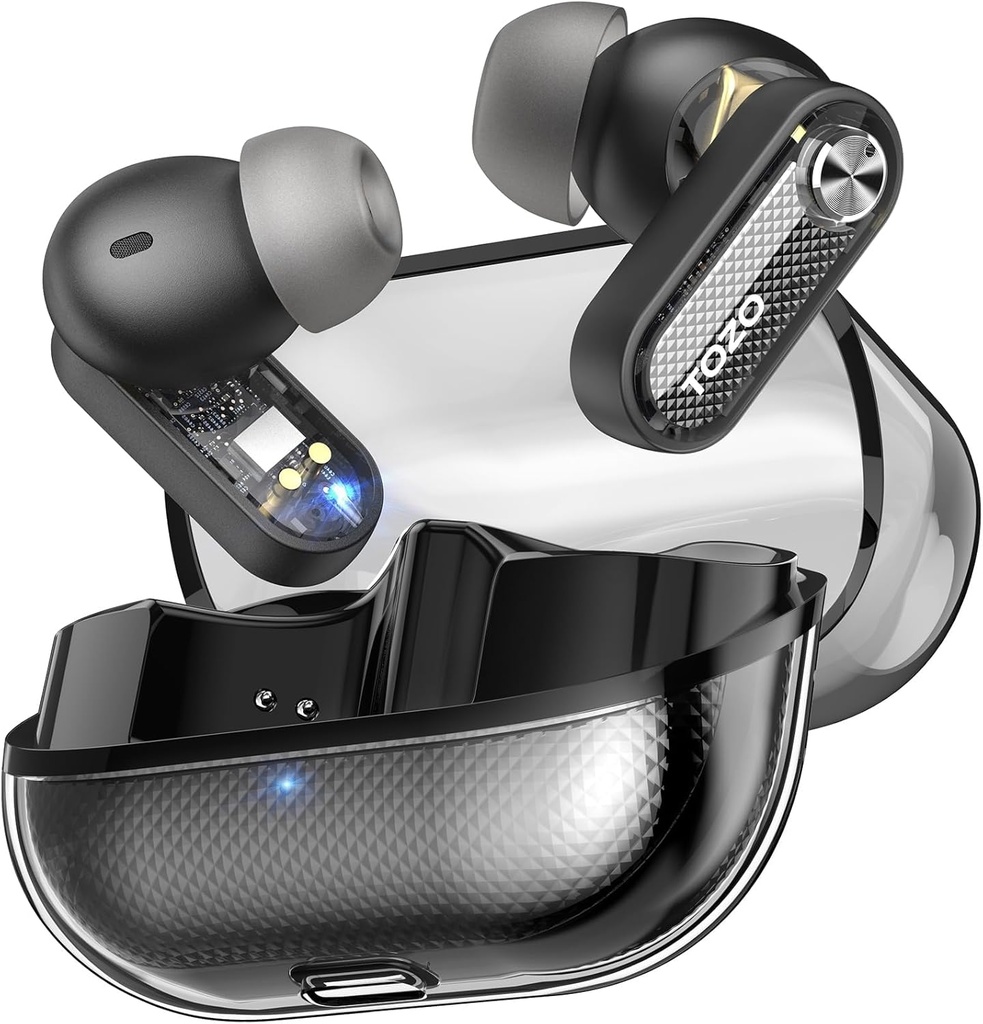 TOZO Crystal Pods Hybrid Active Noise Cancelling Wireless Earbuds, 10mm Drivers Deep Bass Stereo Sound, 4 Mics Smart ENC AI Calls, 32 EQ via App, Bluetooth 5.4 Headphones, Crystal Case Design
