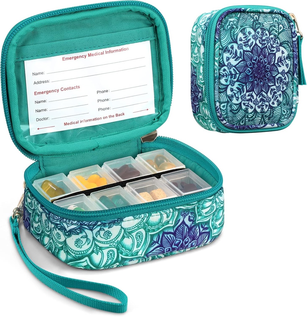 FINPAC Pill Organizers, 8 Karşılaştırma Seyahat Pill Haftalık 7 Gün İlaç Bakımı, Compact & Cute Tıp Vitamini ve Sahipleri (Emerald Illusions)