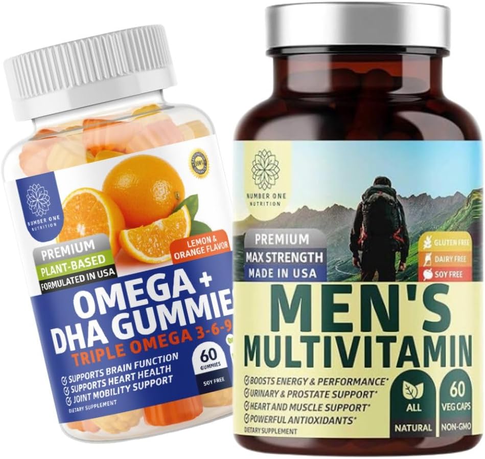 Bir Beslenme N1N Premium Erkeklerin Günlük Multivitamini [Vitamins A C E D, Magnezyum, çinko] ve Omega 3 6 9 + DHA Gummies [Vegan, Plant-Based], 2 Pack Sche Sche