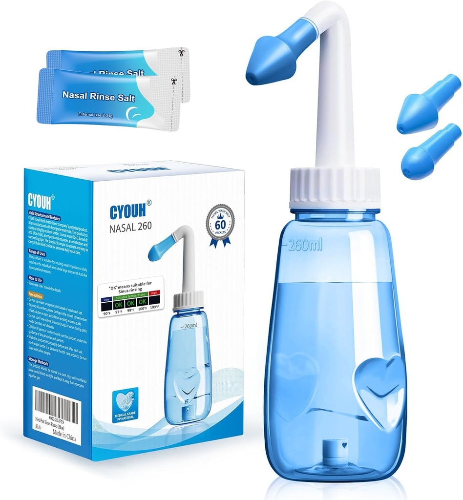 Neti Pot Sinus Rinse Şişe 260 ML ile 60 Nasal Yıkama Salt Packets ve Style Thermometer Nose Temiz Basınç Rinse Nasal Irrigation for Adult & Kid BPA Free (Mavi)