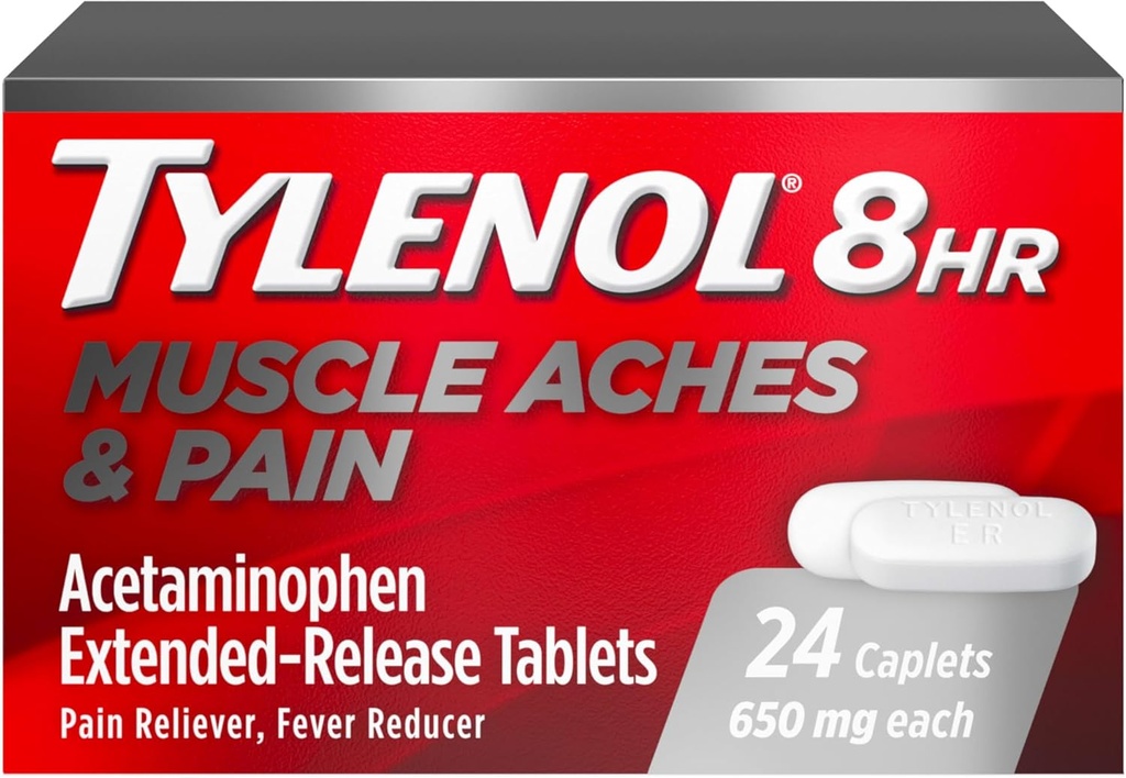 Tylenol 8 Hour Muscle Aches & Pain Relief Extended-Release Tablets with 650 mg Acetaminophen, Fever Reducer & Pain Medicine for Muscles, Joints, Body, and Backache Pain Relief, 24 Count
