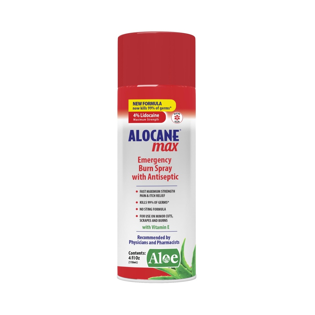 ALOCANE Acil Burn Sprey, 4% Lidoka Max Strength Fast Pain Itch Relief for Minor Burns, Sunburn, Kitchen First Aid Treatment Burn Care, 4 Fl Oz Oz