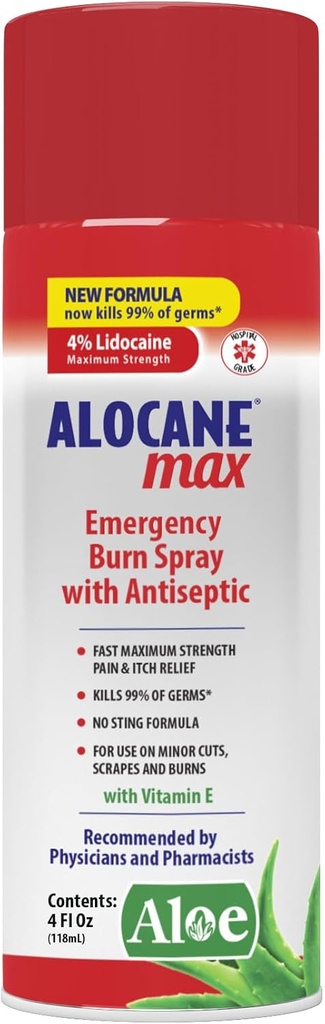 ALOCANE Acil Burn Sprey, 4% Lidoka Max Strength Fast Pain Itch Relief for Minor Burns, Sunburn, Kitchen First Aid Treatment Burn Care, 4 Fl Oz Oz
