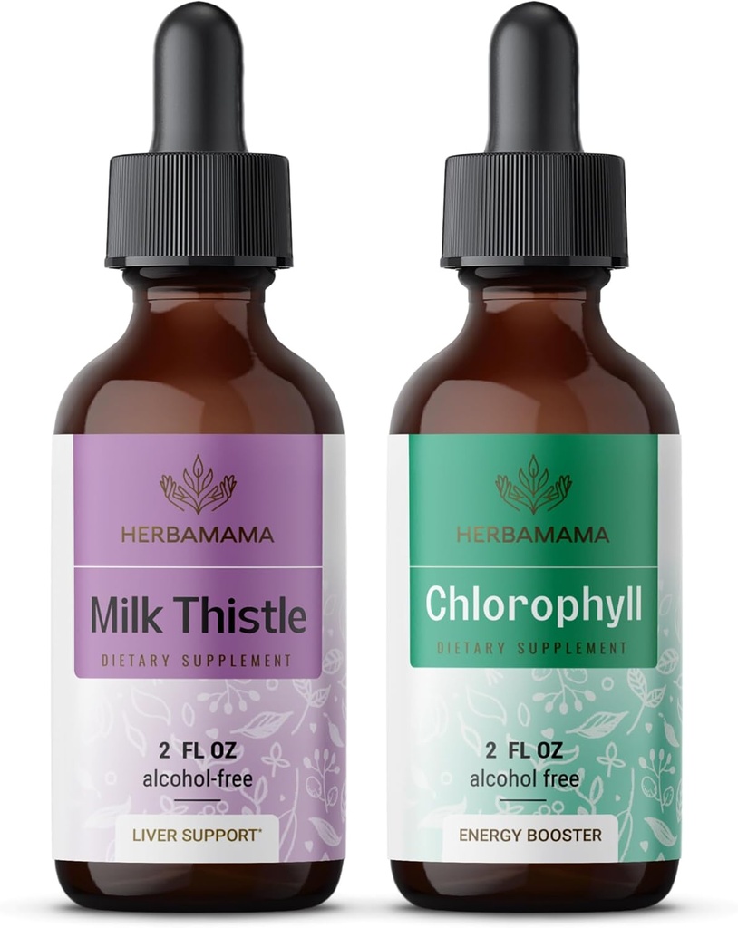 HERBAMA Herbal Liquid Drops Kit - Bundle of Milk Thistle Extract 2 fl oz και Liquid Chlorophyl 2 fl oz - Vegan συμπλήρωμα Liquid Extract - Μη ΓΤΟ, Ζάχαρη & Αλκοόλ-δωρεάν - 2 Pack