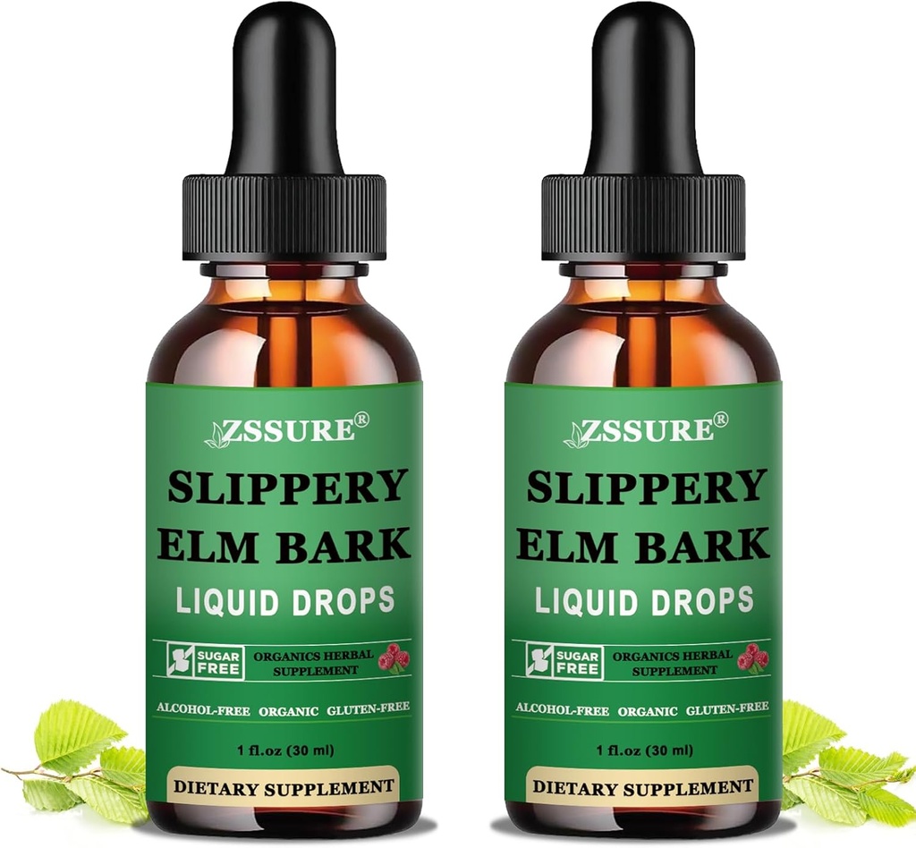(2 Pack) Υγρές σταγόνες Slippery Elm Bark, καθαρό βιολογικό εκχύλισμα Elm Slippery 1000mg για την υγεία Digestive Gut, υγρό Slippery Elm Βαφή βοτάνων συμπλήρωμα, Vegan, χωρίς αλκοόλ, χωρίς γλουτένη