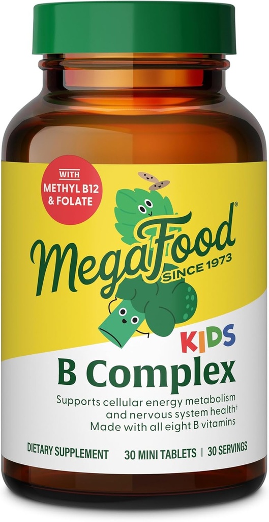 MegaFood Kids B Complex - B Complex Vitamin Supplement, 8 B Vitamins - Vitamin B6, Vitamin B12, Folate, Biotin & More, Υποστηρίζει Cellular Energy Production, Vegetarian, Gluten Free – 30 Mini Tablets