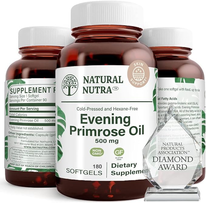 Doğal Nutra Evening Primrose Oil Supplement from Fatty Acid, Helps Overcome Body Pain, Nerve Health, Discover Hearth Health & Skin Clarity, Helps Reduce Digestive Discomfort, 500 mg, 180 Softgel