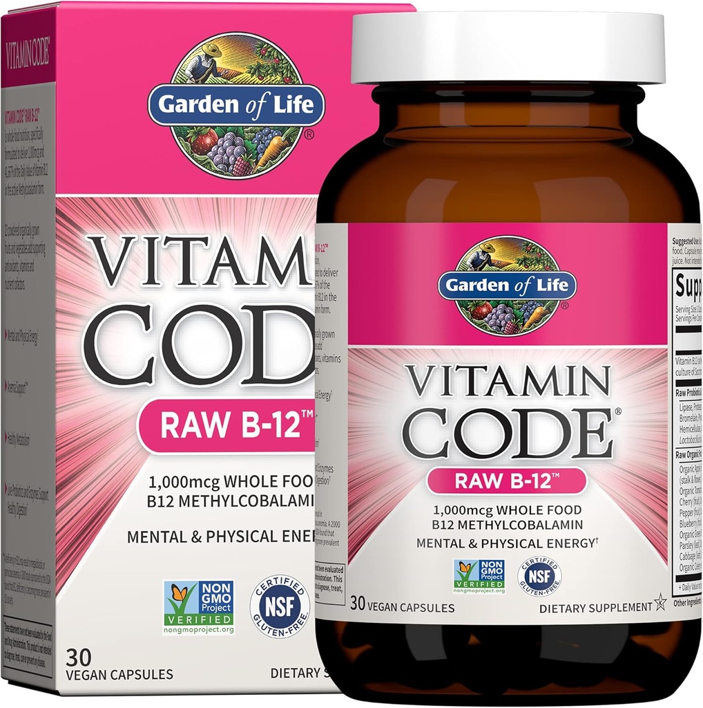 Life Vitamin Kodu Raw B-12-30 Capsules, 1.00006 Tüm Gıda B12 Mecobalamin for Energy, Vegan Mecobalamin Vitamin Plus Probiyotikler ve Enzymes, Gluten Free Supplements,
