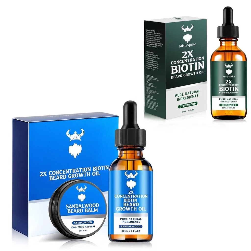 Sandalwood Beard Growth Kit με 2X Biotin για τους άνδρες και Cedarwood Beard Growth Oil, φυσικά συστατικά και παχιά μαλλιά ανάπτυξη