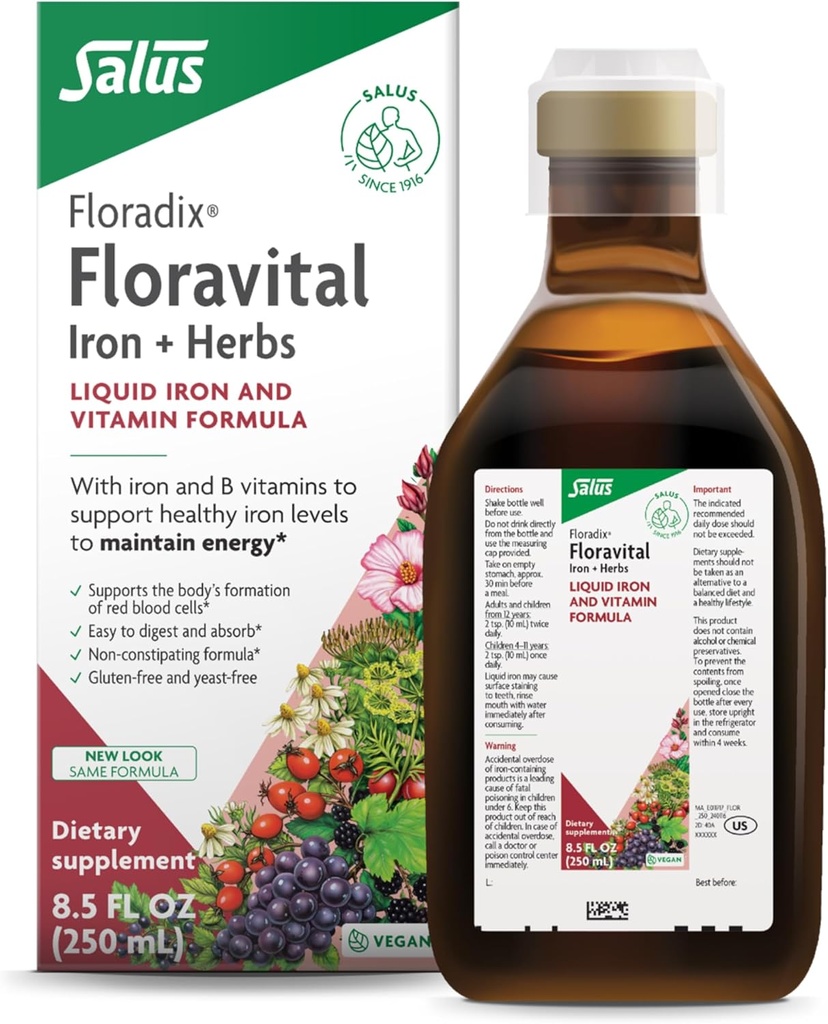 Floradix Floravital Liquid Iron & Vitamin Formula - Συμπλήρωμα υγρού σιδήρου με βιταμίνη C & Β & Β για την ενεργειακή υποστήριξη - Vegan, Gluten-free, Yeast-free & Non-GMO - 8.5 Fl Oz