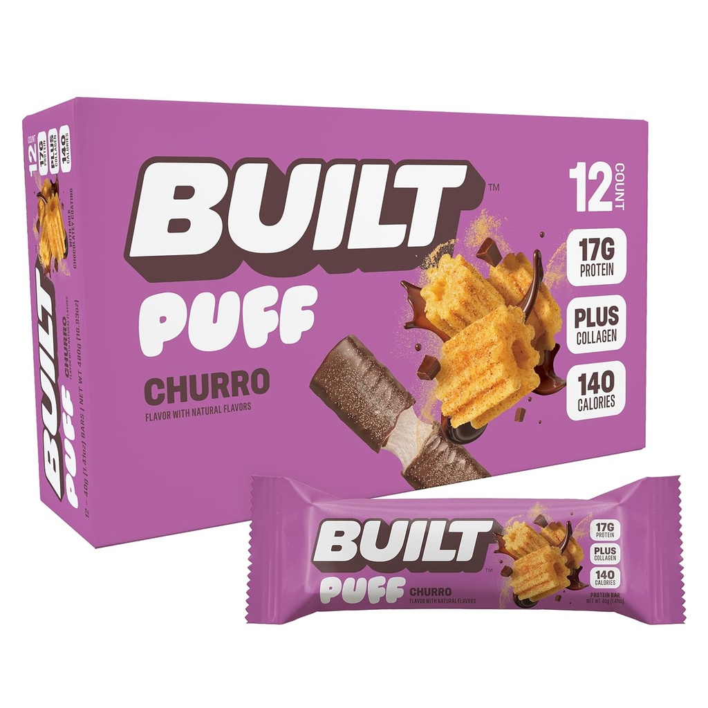 İnşa edilen Bar, Puff protein Bars, Churro Puff, 17g Protein Snacks, On-The-Go Bars, Only 140 Calories & 6g Sugar, Collagen, Gluten Free, 12 Count