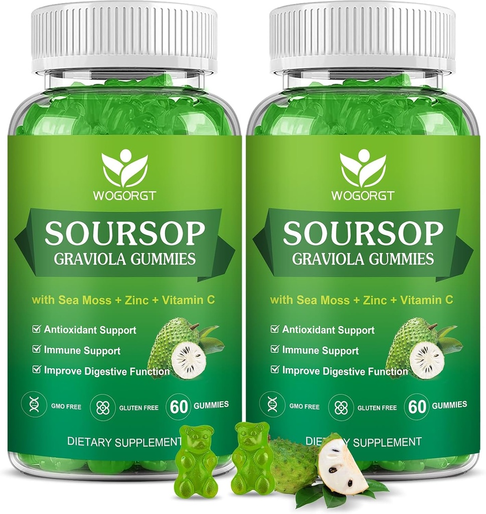 Soursop Graviola Gummies with Sea Moss Extract - Antioxy, Cell Support & Rejenerasyon, Immune Support, Soursop Gummy with Sea Moss, L & çinko, Apple Flavor - 60 Gummies(2 Pack)