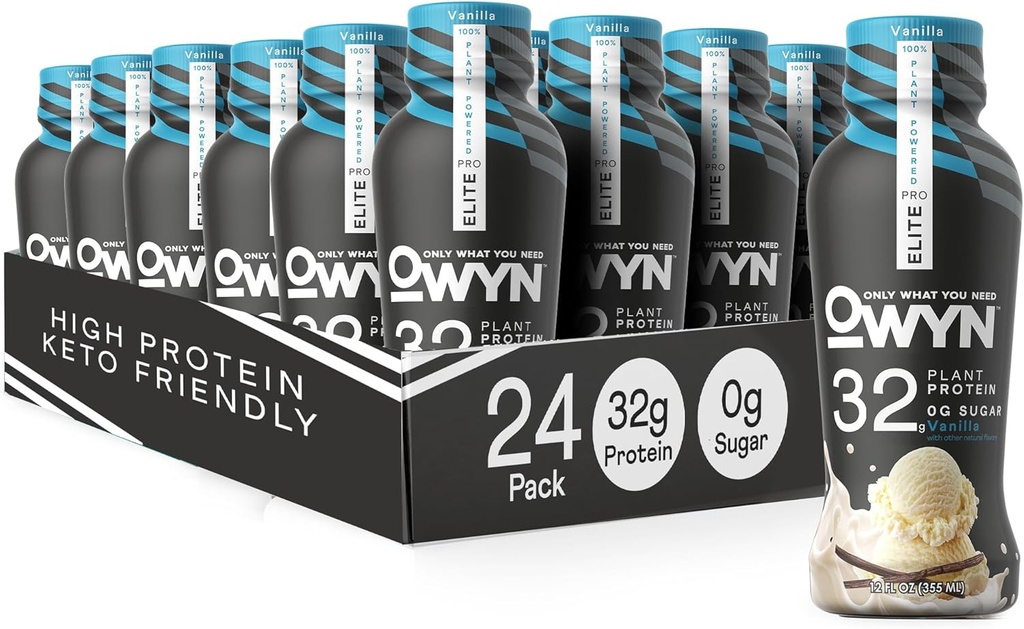 OWYN Only What You Need Pro Elite Vegan High Protein Keto Shake, 32g Protein, 9 Amino Acids, Omega-3, Prebiotics, Workout and Recovery, 0g Net Carbs, Zero Sugar (Vanilla, 12 Fl Oz (Pack of 24)