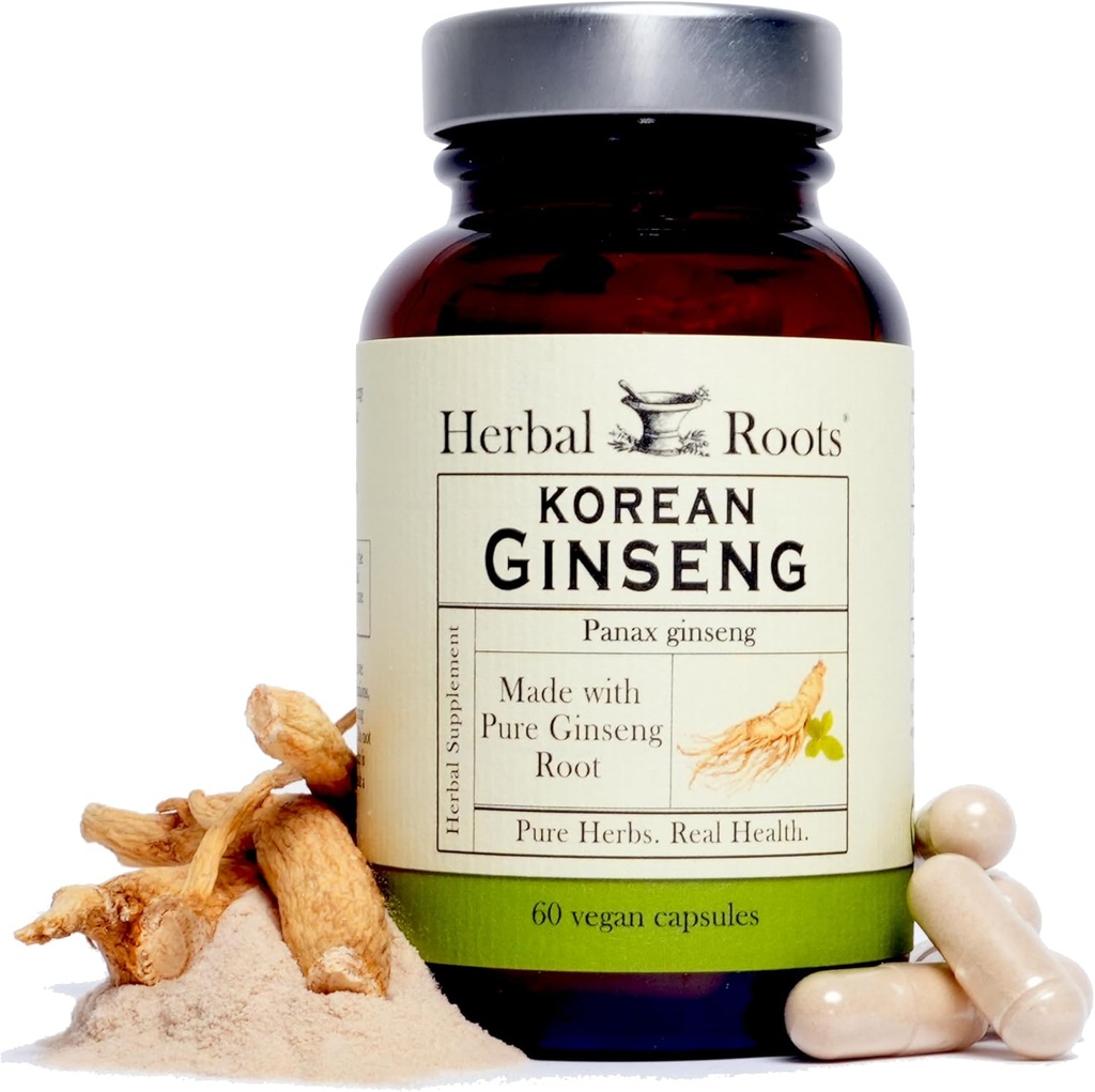 Herbal Roots Panax Ginseng | Organik Kore Deri Toz | 1000 mg | Enerji ve Performans için Yüksek Ginsenositler | 60 Vegan Capsules