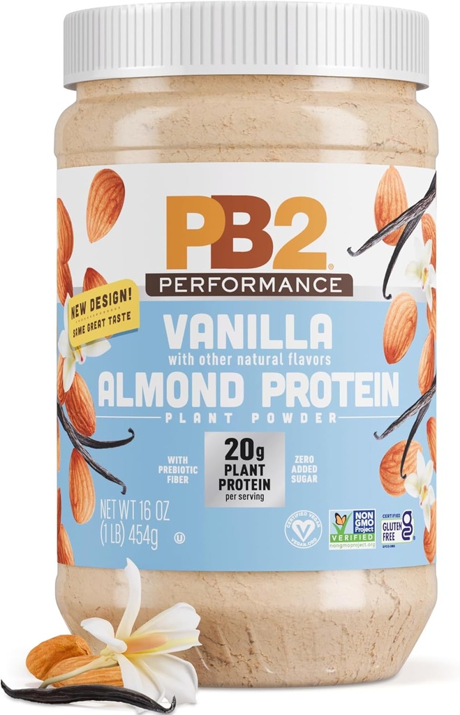 PB2 Performans Almond Plant Temel Vegan Protein Toz | 20g Tamamlanmış Protein, Eklenmiş Şeker, Prebiyotik Fiber | Süt Free, sertifikalı Vegan, Non-GMO, Gluten Free [Almond w/Madagascar Vanilla, 1LB]