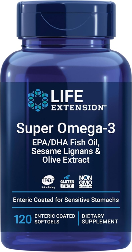 Life Extension Super Omega-3 EPA/DHA Fish Oil, Sesame Lignans & Olive Extract – Heart Health, Brain Health, Inflammation Health Support, Gluten-Free, Enteric-Coated, Non-GMO, 120 Softgels