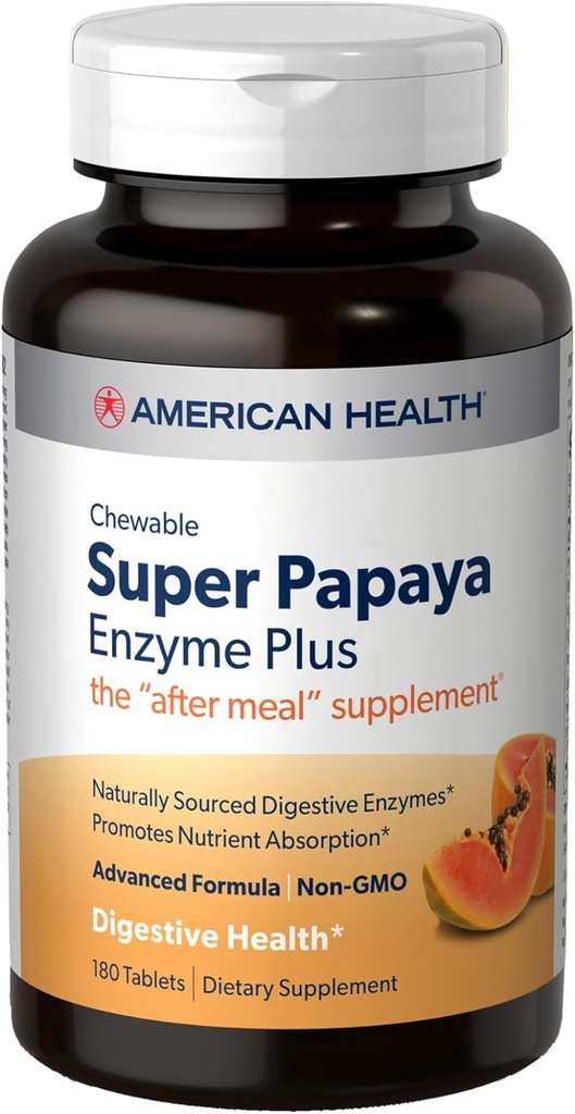 American Health Super Papaya Enzyme Plus - 180 Μασώμενα δισκία - Το συμπλήρωμα μετά το γεύμα - Μη GMO - 60 εξυπηρετήσεις