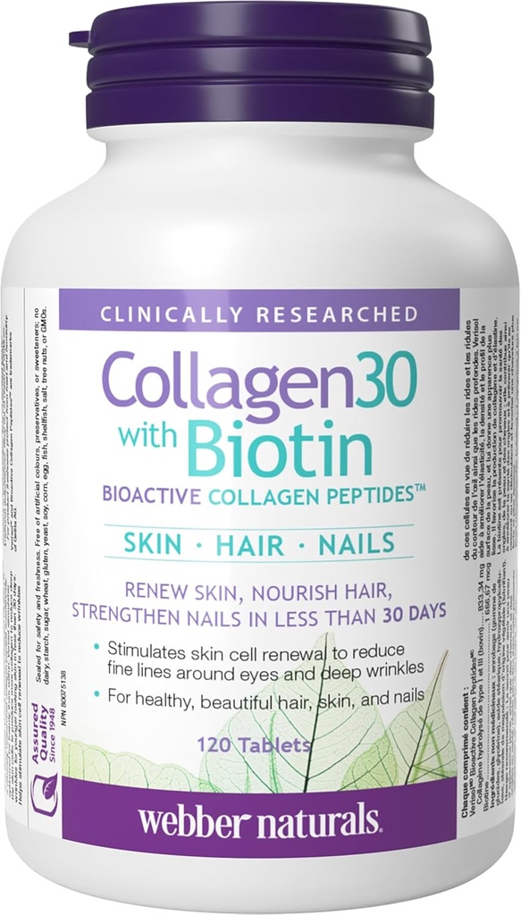 Webber Naturals Collagen30 με Biotin, 2.500 mg Bioactive Collagen Peptides με 5,000 mcg Biotin Per Serving, 120 Tablets, Για Σύνθετη Νόση Δέρματος, Μαλλιάς και Καρφιών, Γαλακτοκομικά & Γλουτένη Χωρίς