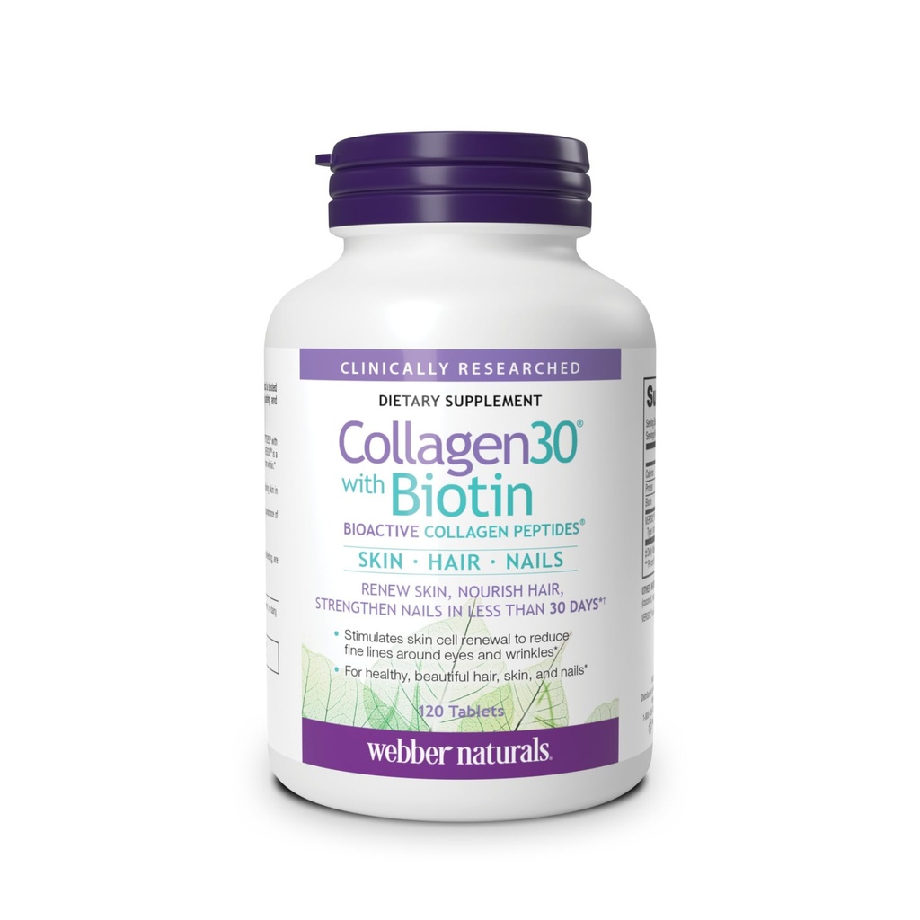 Webber Naturals Collagen30 with Biotin, 2500 mg of Bioaktif Collagen, with 5.000 mcg of Biotin Per Service, 120 Tablet, For Advanced Nourishment of Skin, Hair and Nails, Dairy & Gluten Free