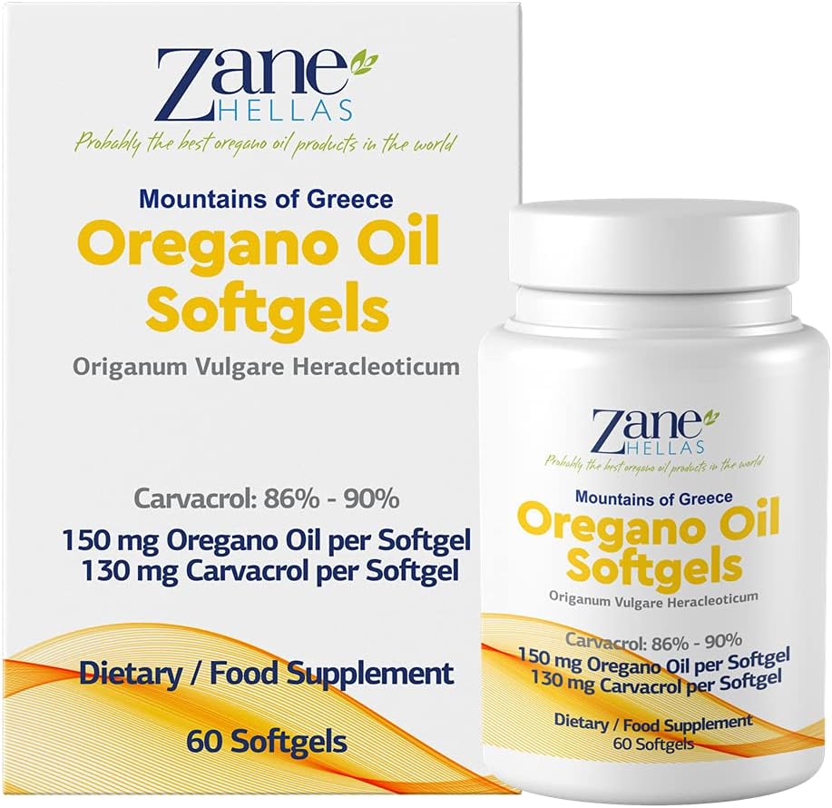 130 mg Carvacrol - Softgel için 150 mg Oregano yağı. World Highest Concentration Oregano Oil Capsule. Zane Hellas Oregano Oil. Softgel, Oregano'nun% 30 Yunan Temel Petrolünü içeriyor. 120 Softgels.