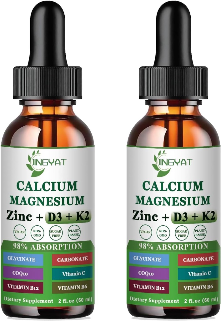 Kalsiyum çinko sıvı damlaları, Sıvı Glycinate 500 mg Kalsiyum 1000 mg D3,K2,B6,B12,Coq10,6X Gummies Capsules 2 Pack)