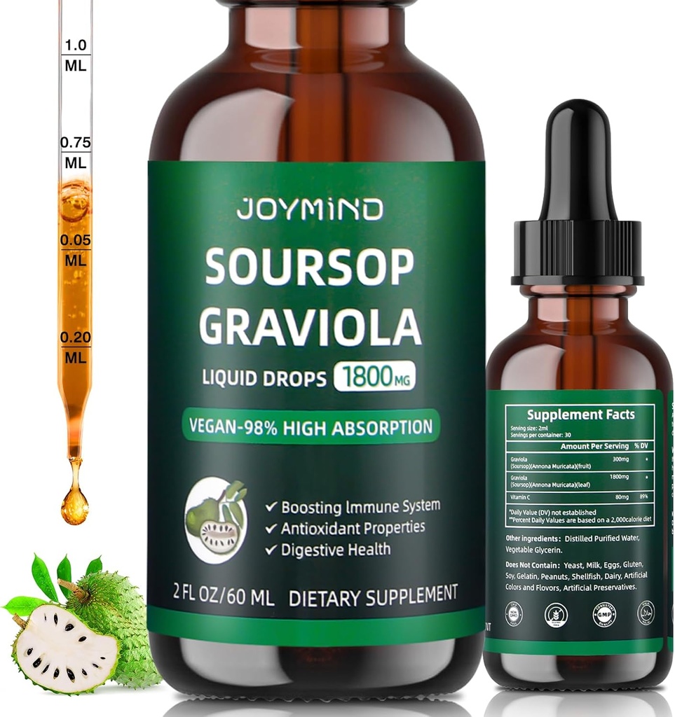 Graviola Soursop Leaf Extract Liquid - Soursop Bitters Liquid, Immune Boost, Relax, Liver and Sleep, Vegan, Sugar & Gluten Free, 98% Ποσοστό απορρόφησης, Φυσική Γεύση, 2 Μήνες Προσφορά 60ML