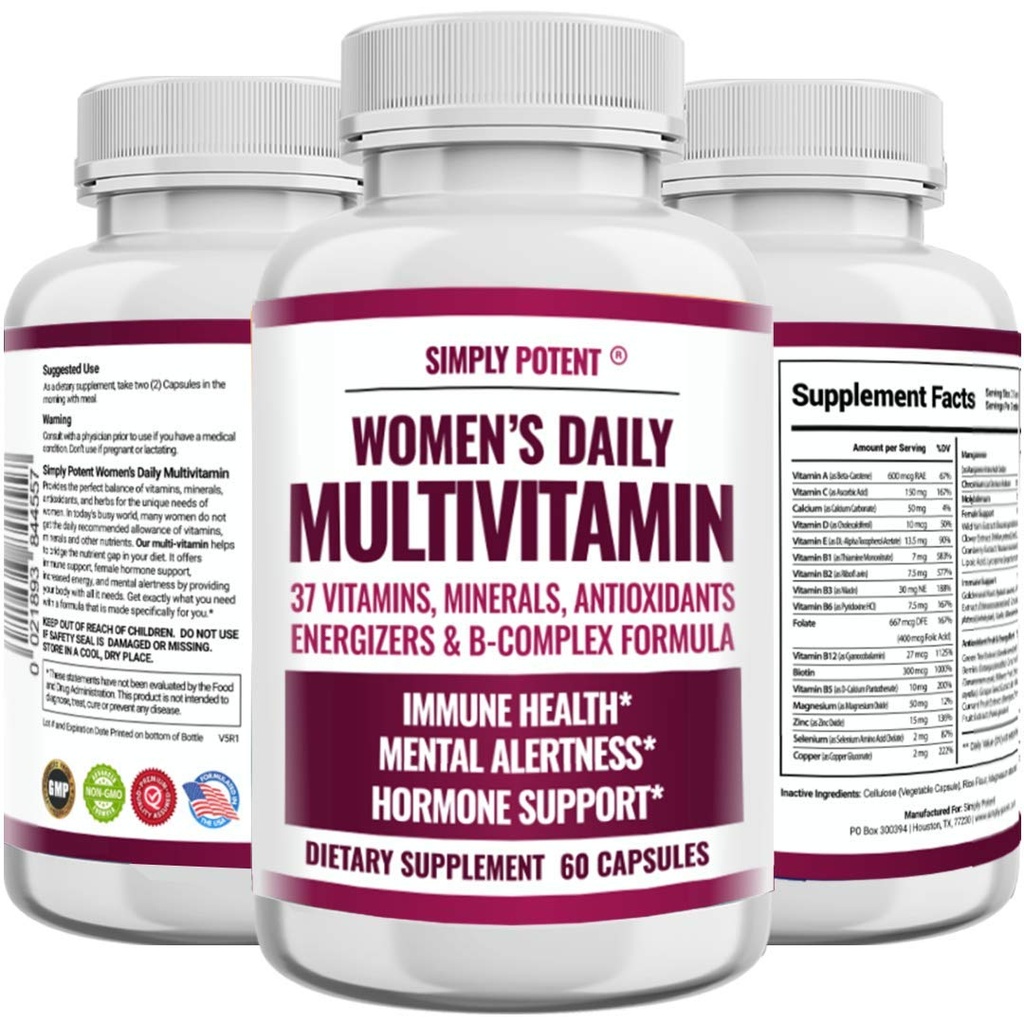 Kadınlar için çok fazla vitamin, Minerallerle 37 Çok Vitamin, A C D E, Biotin, B12, Folate, çinko, Magnezyum, Kalsiyum, Saç için Yeşil Çay, Skin, Nails, Enerji, Immune & Hormon Desteği, 60 Capsules