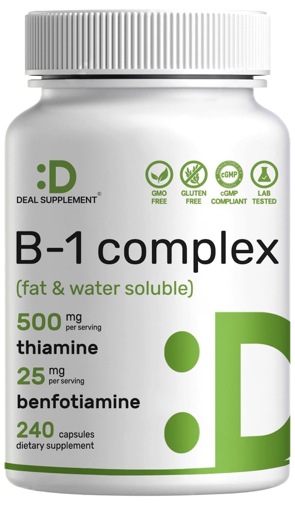 DEAL SUPPLEMENT Vitamin B1 500 mg with Benfotiamine, 240 Capsules - 1 Geliştirilmiş Formula - Fat & Water ► Thiamine B1 Supplement – Üçüncü Parti Test Edildi, Non-GMO, No Gluten