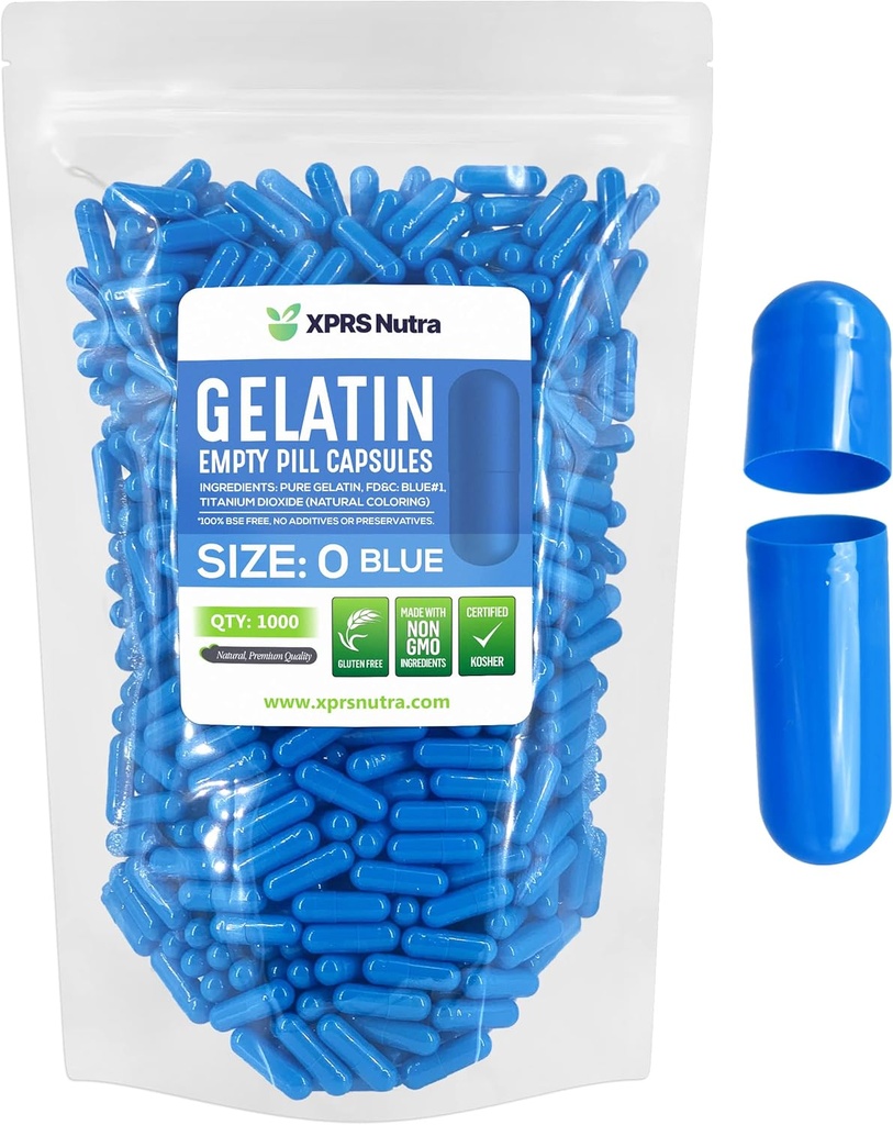 XPRS Nutra Boyutu 0 Boş Kapsüller - Boş Gelatin Capsules - 1000 Kont DIY Capsule - Pure Bovine Pill Gel Caps For Do-It- Yourself Supplements (Mavi)